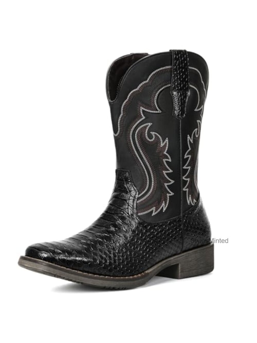 Men's Western Cowboy Boot Square Toe Mid Calf Faux Leather Pull-On